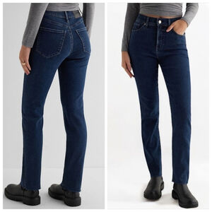 NEW Express 90s Slim High Rise Frayed Dark Indigo Wash Straight Leg 0 Jeans